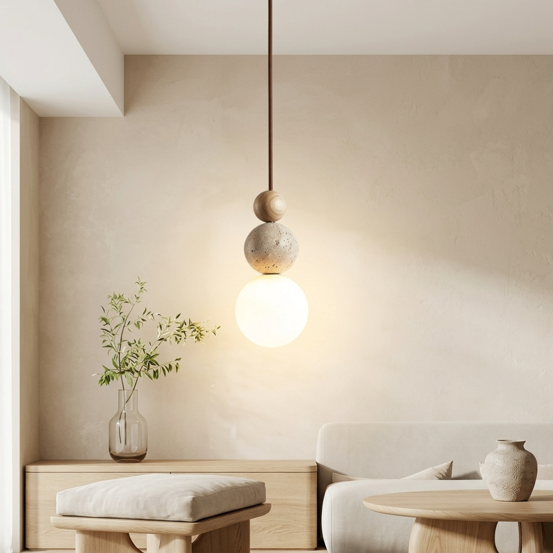 Keldvik — Stonewave Pendant Light, Textured Stone and Smooth Wood — Nordic Japandi Living Room, square 1