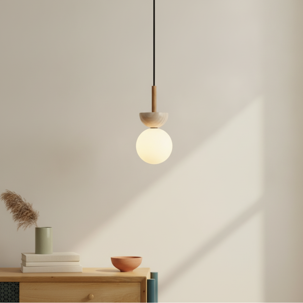Keldvik — Terranova Pendant Lamp, Cream Travertine Finish — Natural Wood Sideboard, square 1