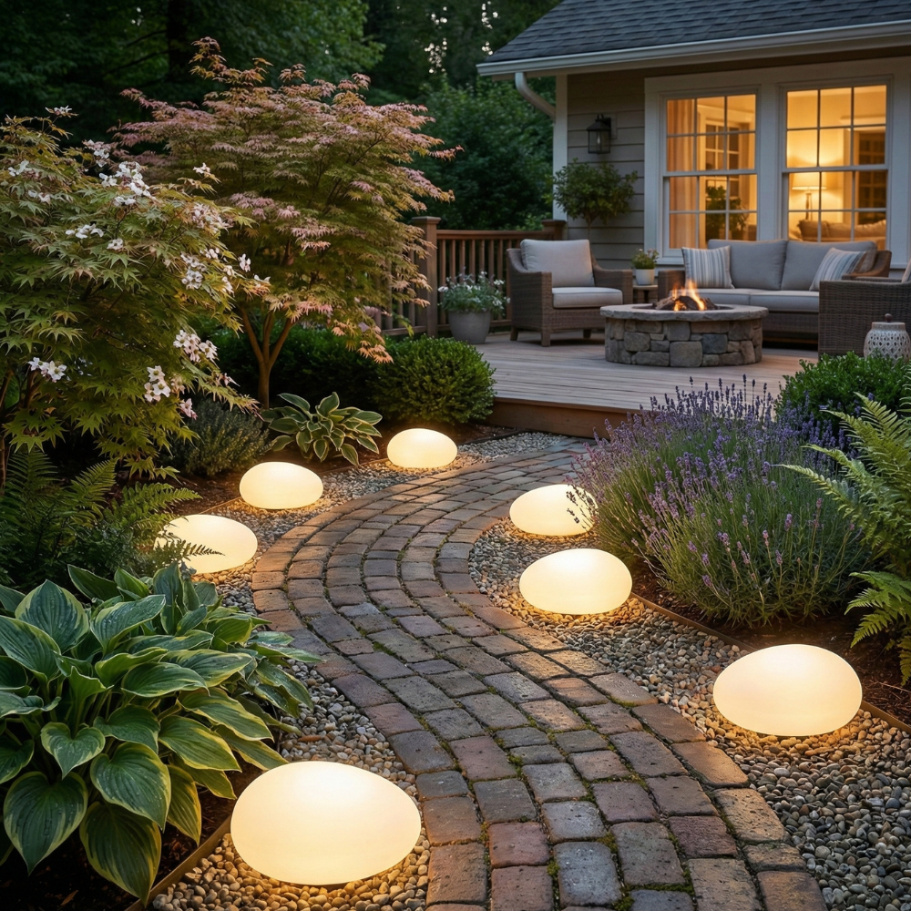 PebbleGlow light in a garden at dusk