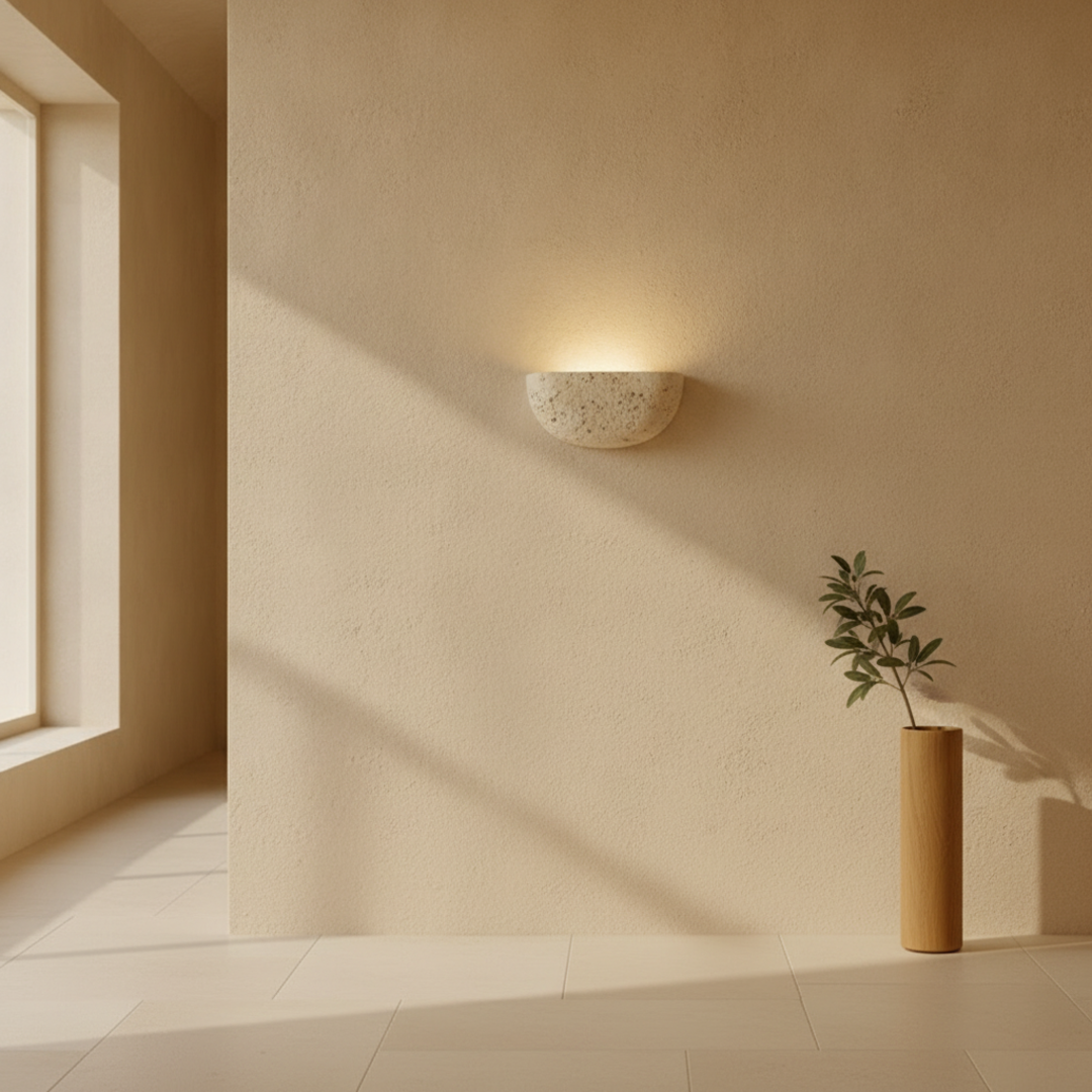 Keldvik — Stonearch Wall Lamp, Handcrafted Natural Travertine — Wall Sconce in Warm Hallway, square 1