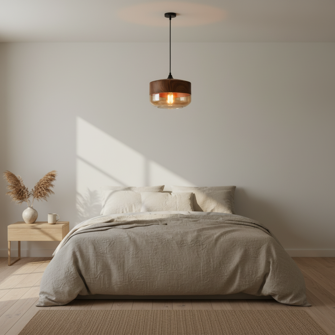 Keldvik — FjordLume Ceiling Light, Wooden Fixture with Tinted Glass — Soft Neutral Bedroom, square 1