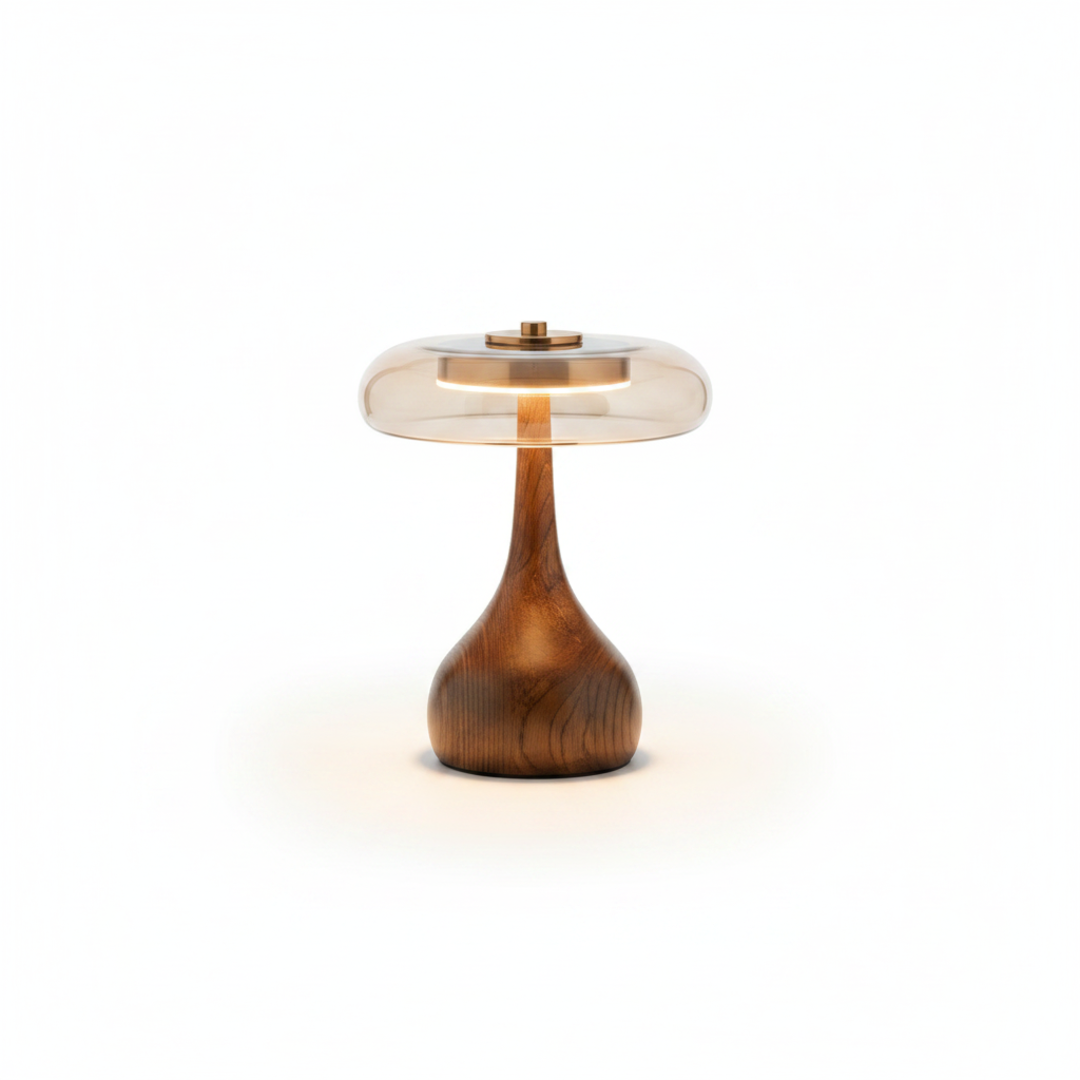 Keldvik — Duskglow Table Lamp, Curved Walnut Base with Amber Glass Shade — Clean Collection Page Image, square 1