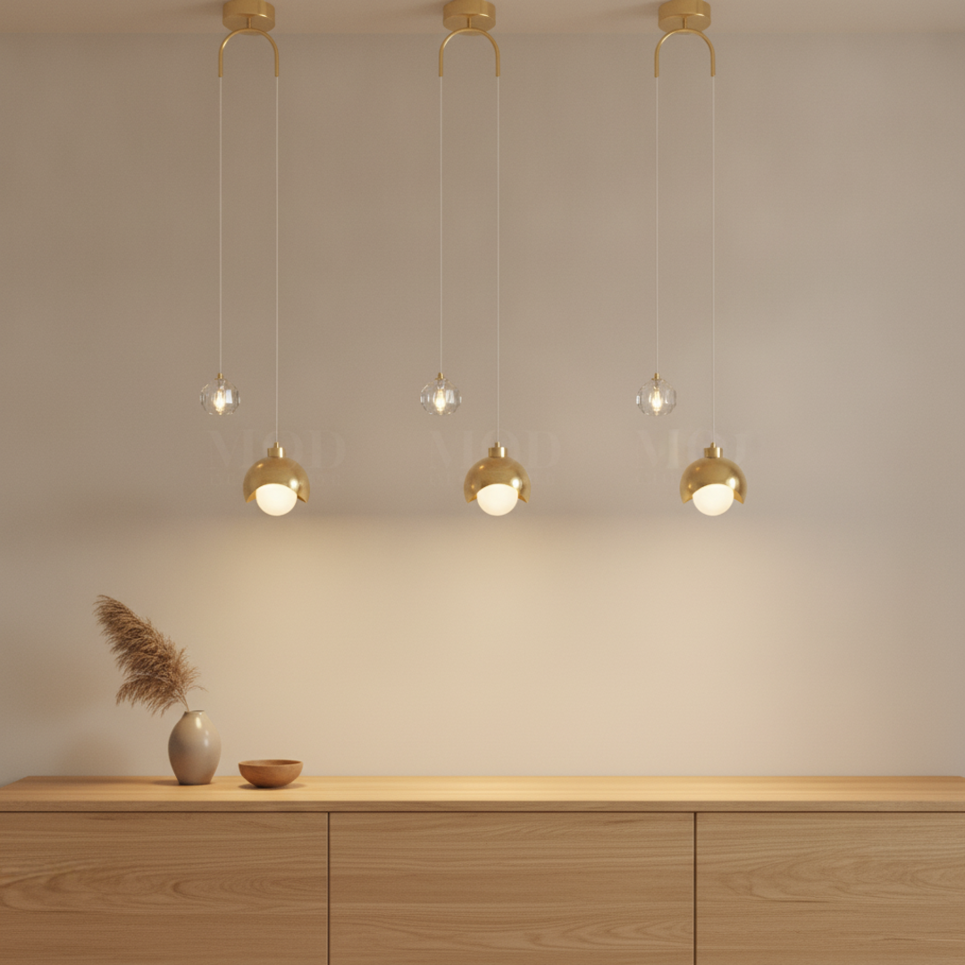 Keldvik — Lumen Pendant Light, Warm White Glass — Natural Wood Sideboard, square 1