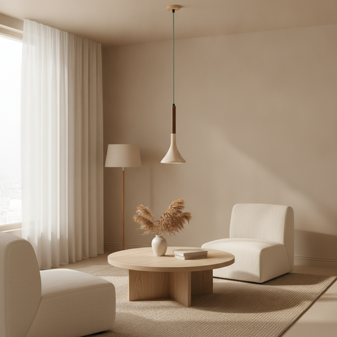 Keldvik — Woodnord Pendant Light, Natural Travertine and Wood — Nordic Japandi Living Room, square 1