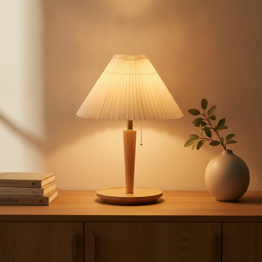 Keldvik — Hearthglow Table Lamp, Pleated Walnut Wood Shade — Table Lamp on Wooden Sideboard, square 2