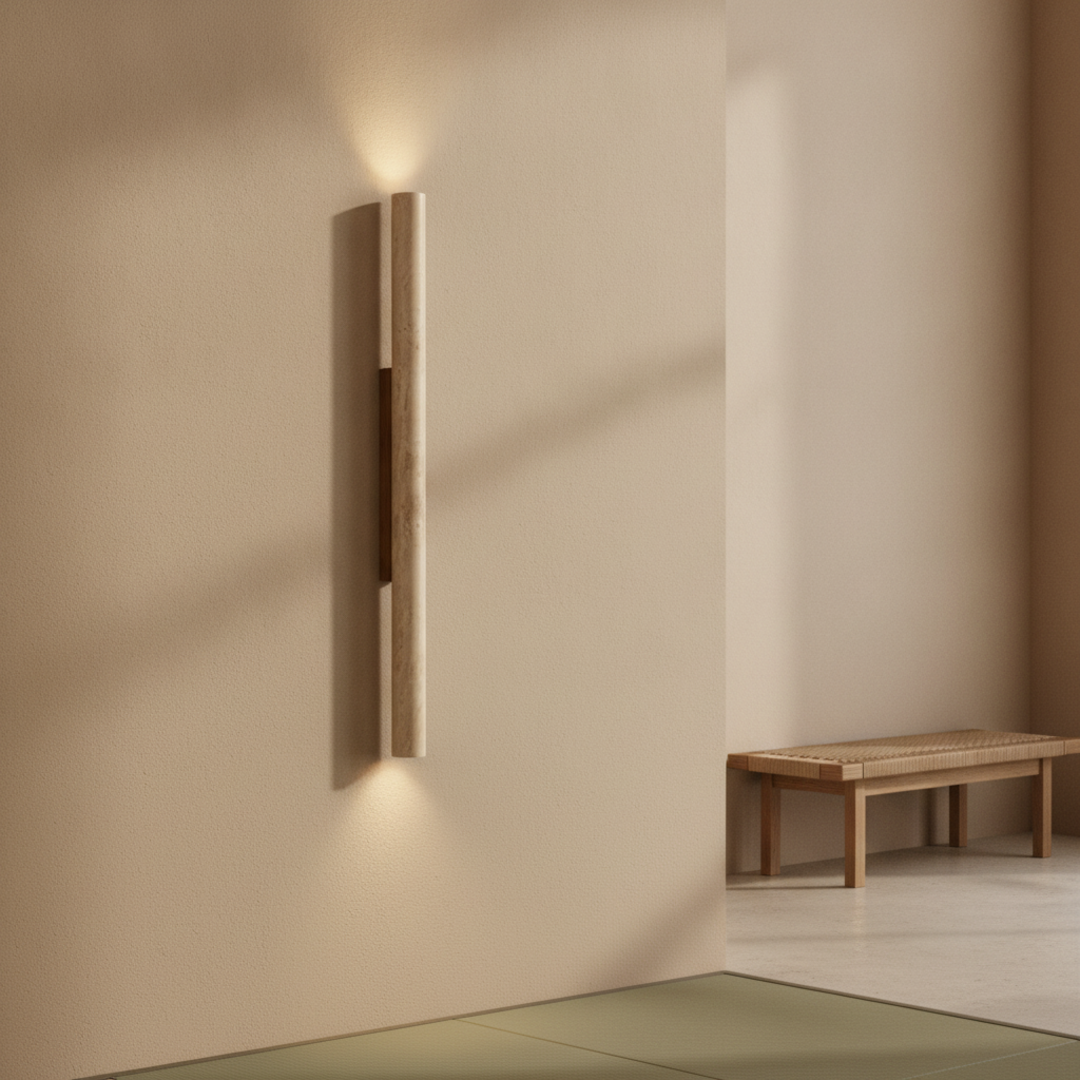 Keldvik — Wabi Wall Light, Hand-Carved Natural Travertine — Wall Sconce in Warm Hallway, square 2