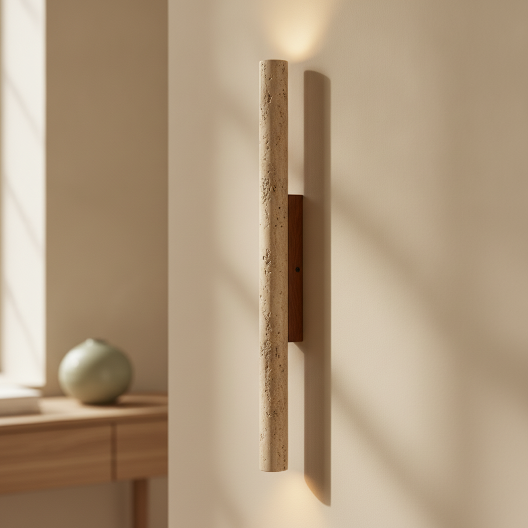 Keldvik — Wabi Wall Light, Hand-Carved Natural Travertine — Wall Sconce in Warm Hallway, square 1