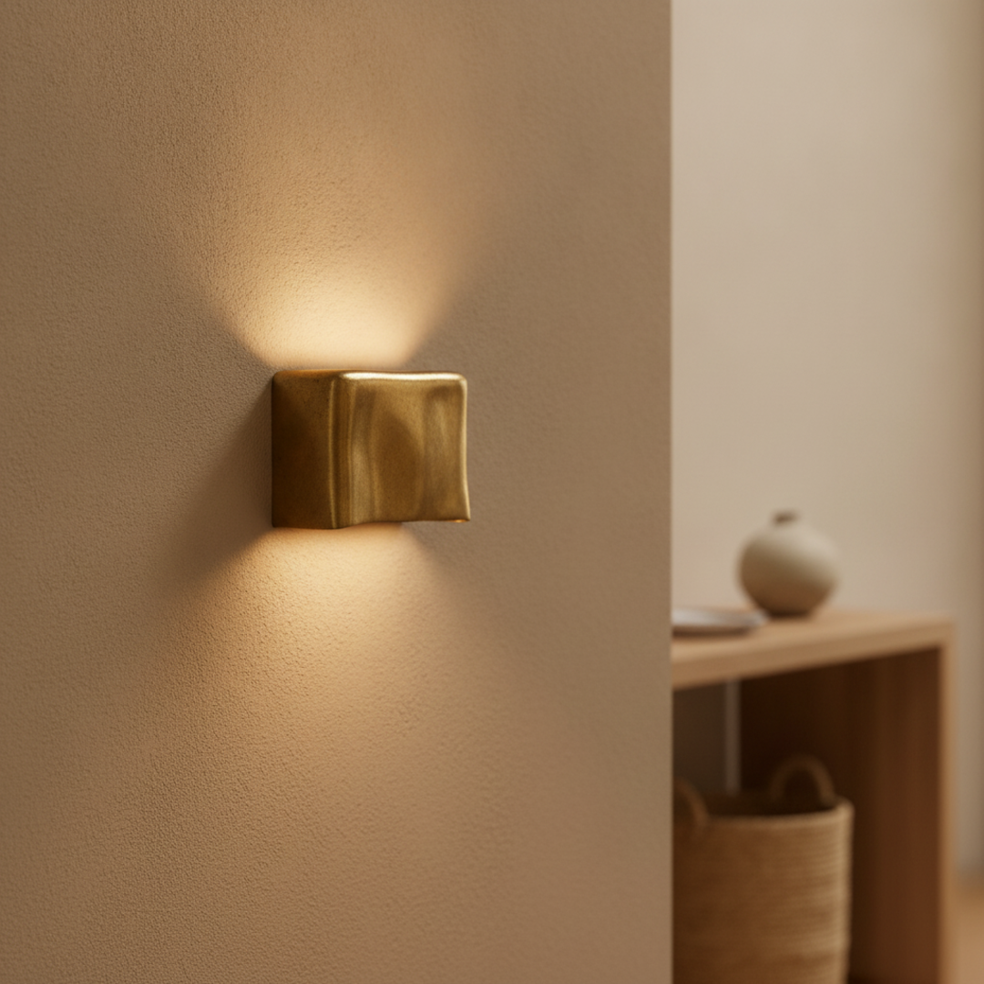 Keldvik — Crescent Wall Light, Sculpted Gold Aluminium — Wall Sconce in Warm Hallway, square 3