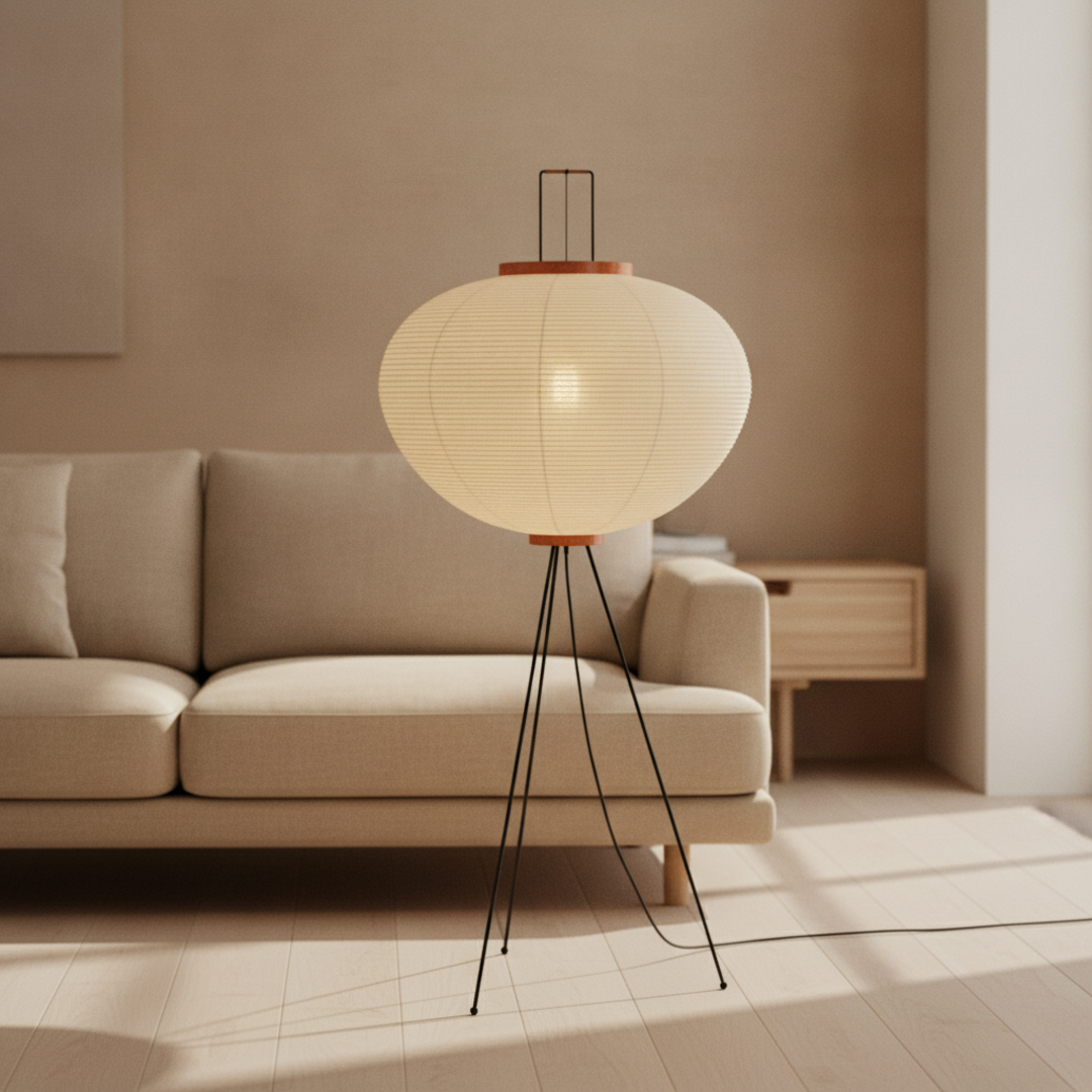 Keldvik — Duskbloom Floor Lamp, Mulberry Paper Shade on Metal Frame — Floor Lamp in Japandi Living Room, square 1
