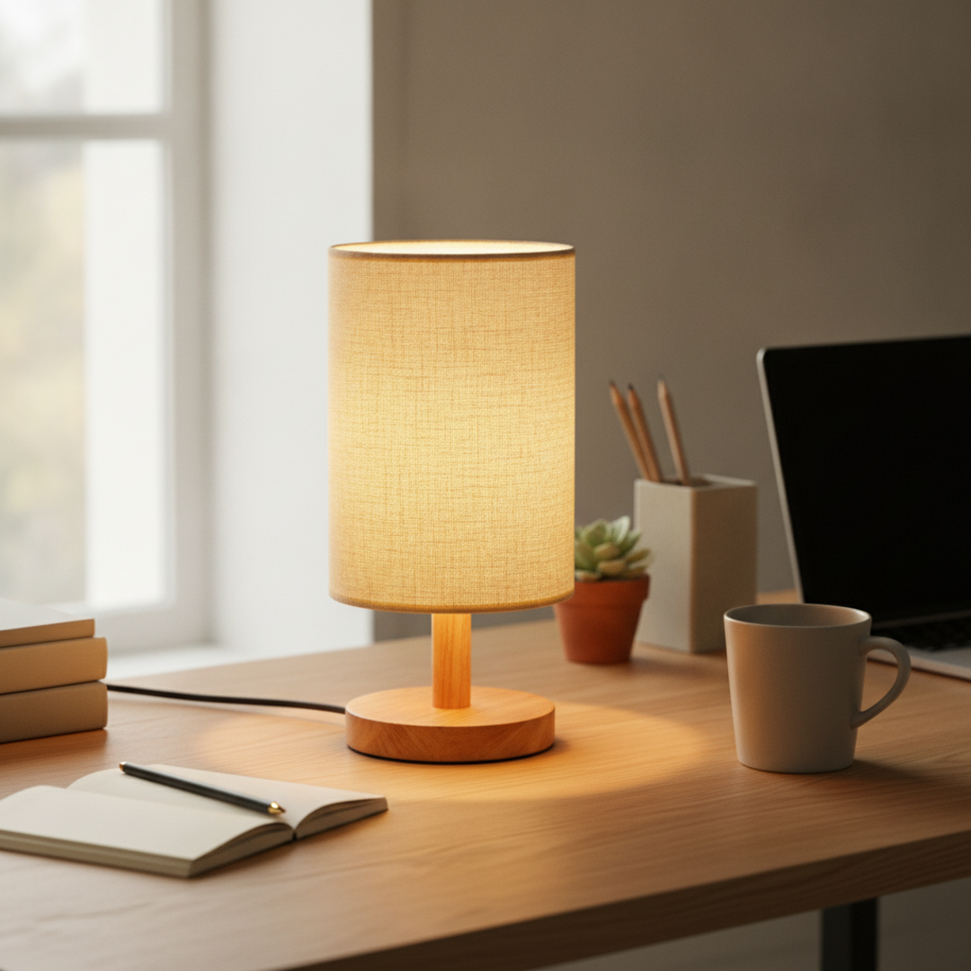 Keldvik — HavenGlow Table Lamp, Natural Wood and Cloth — Office Desk, square 1