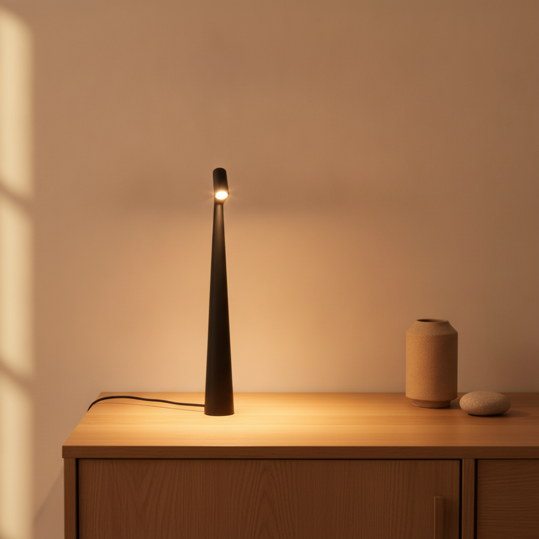Keldvik — Duskspire Table Lamp, Matte Aluminium with Polycarbonate Diffuser — Natural Wood Sideboard, square 1