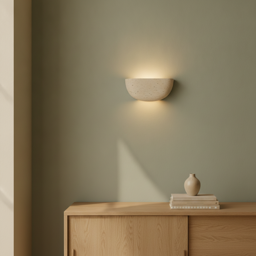 Keldvik — Stonearch Wall Lamp, Handcrafted Natural Travertine — Natural Wood Sideboard, square 1