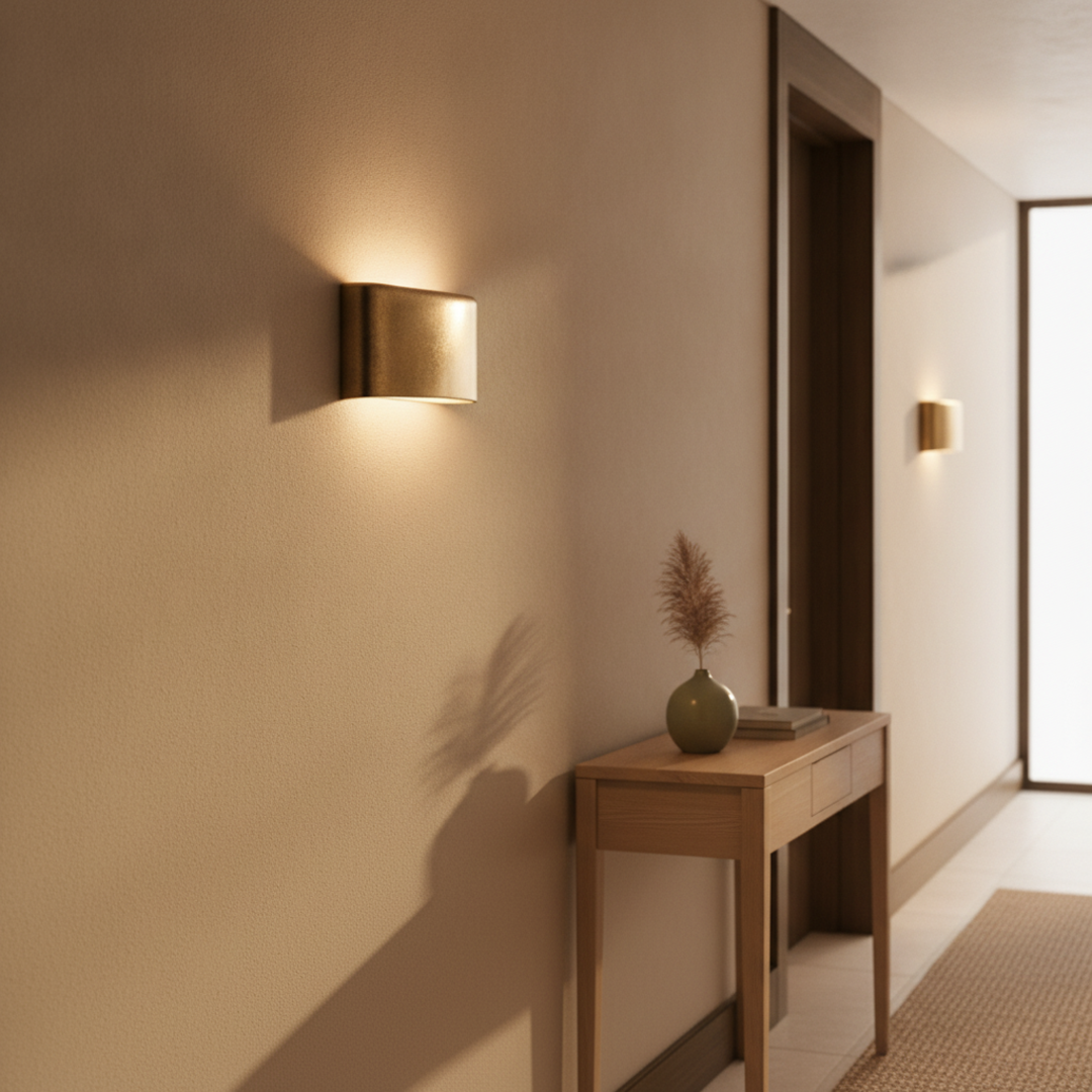 Keldvik — Crescent Wall Light, Sculpted Gold Aluminium — Wall Sconce in Warm Hallway, square 1