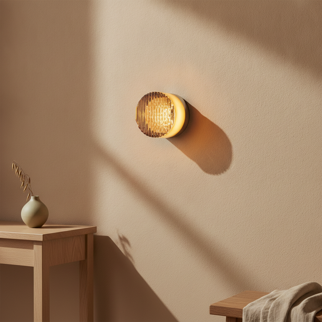 Keldvik — Ember Wall Lamp, Dimpled Smoked Grey Glass — Wall Sconce in Warm Hallway, square 2
