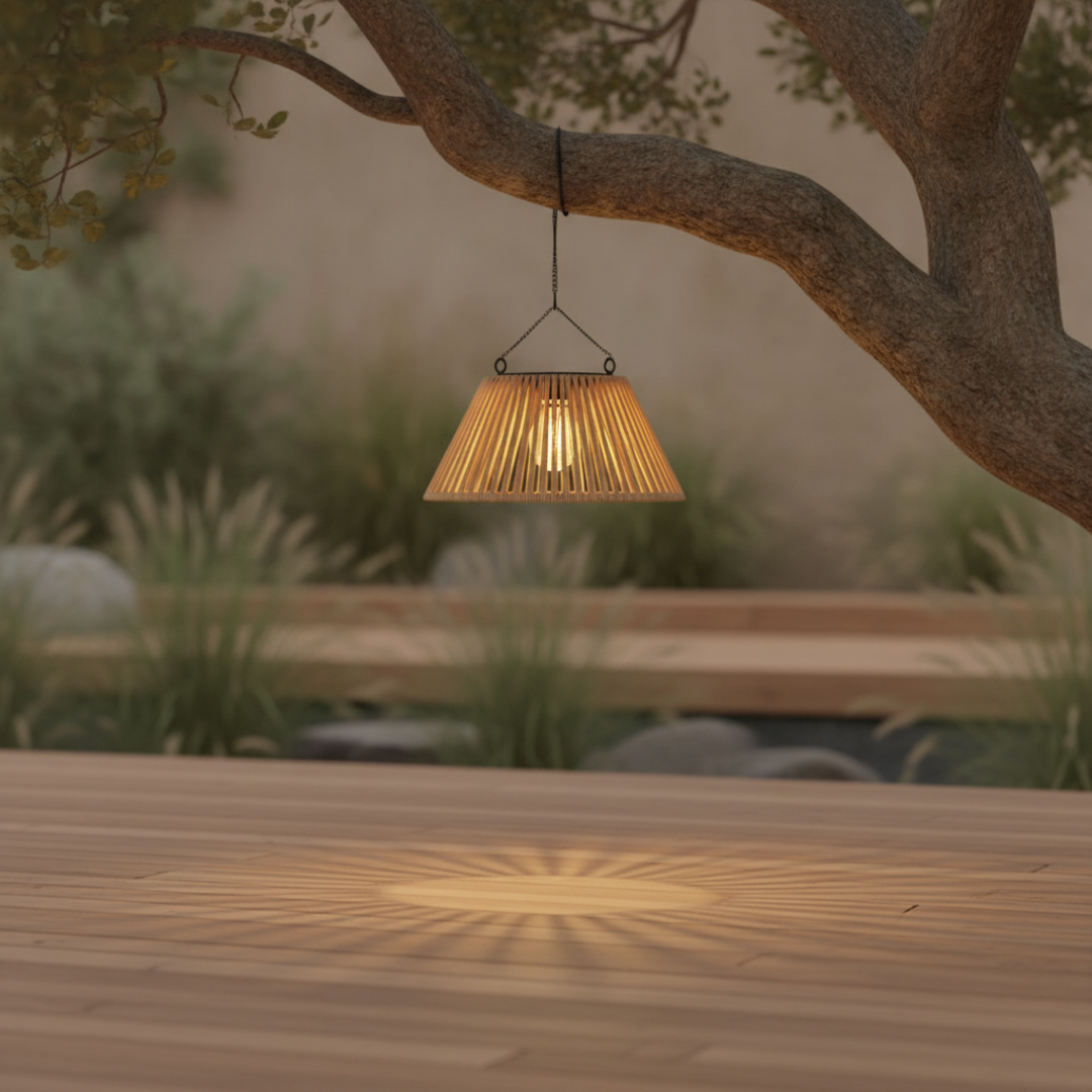 Keldvik — TwilightLantern Outdoor Lamp, Faux Rattan with Iron Frame — Outdoor Patio Evening Scene, square 4