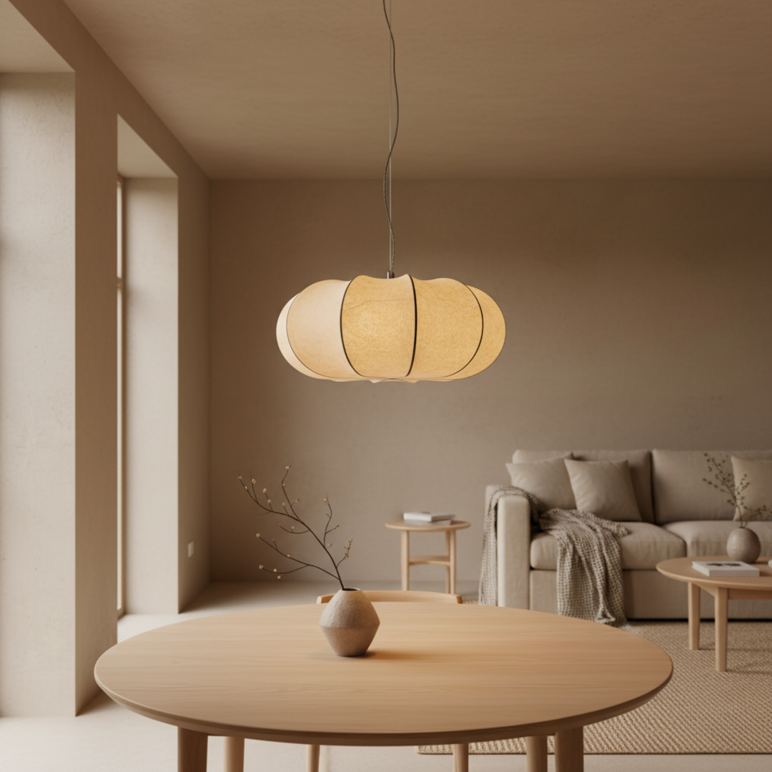 Keldvik — Silkveil Pendant Light, Handwoven Silk Shade on Metal Frame — Nordic Japandi Living Room, square 1