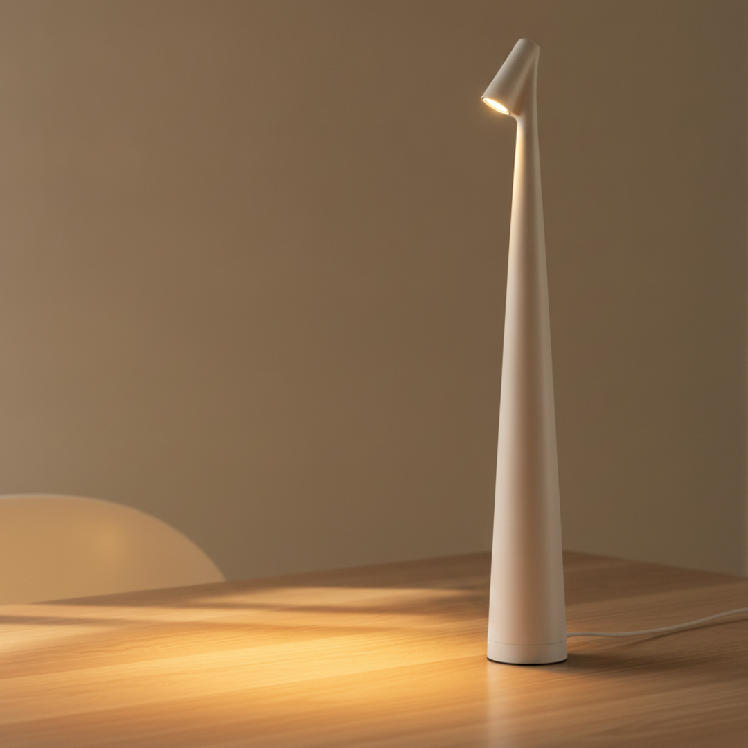 Keldvik — Duskspire Table Lamp, Matte Aluminium with Polycarbonate Diffuser — Wooden Table, square 1
