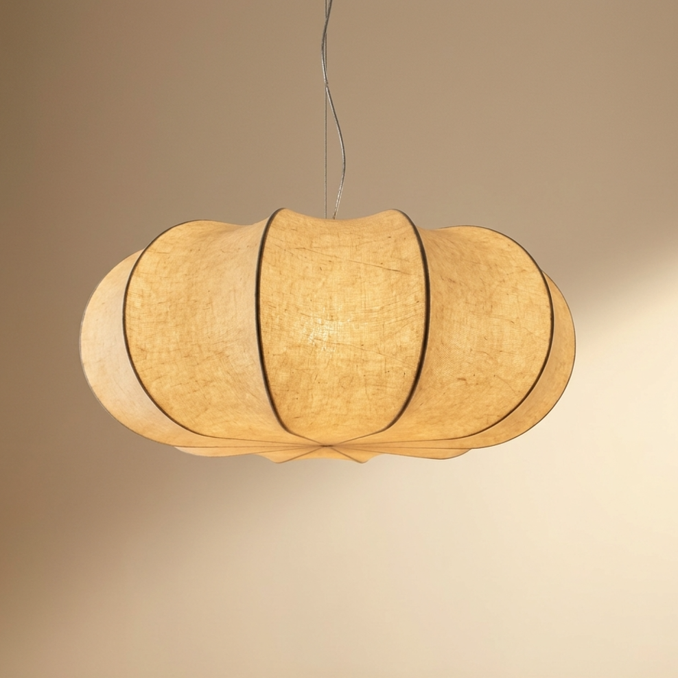 Keldvik — Silkveil Pendant Light, Handwoven Silk Shade on Metal Frame — Warm Neutral Studio, square 2