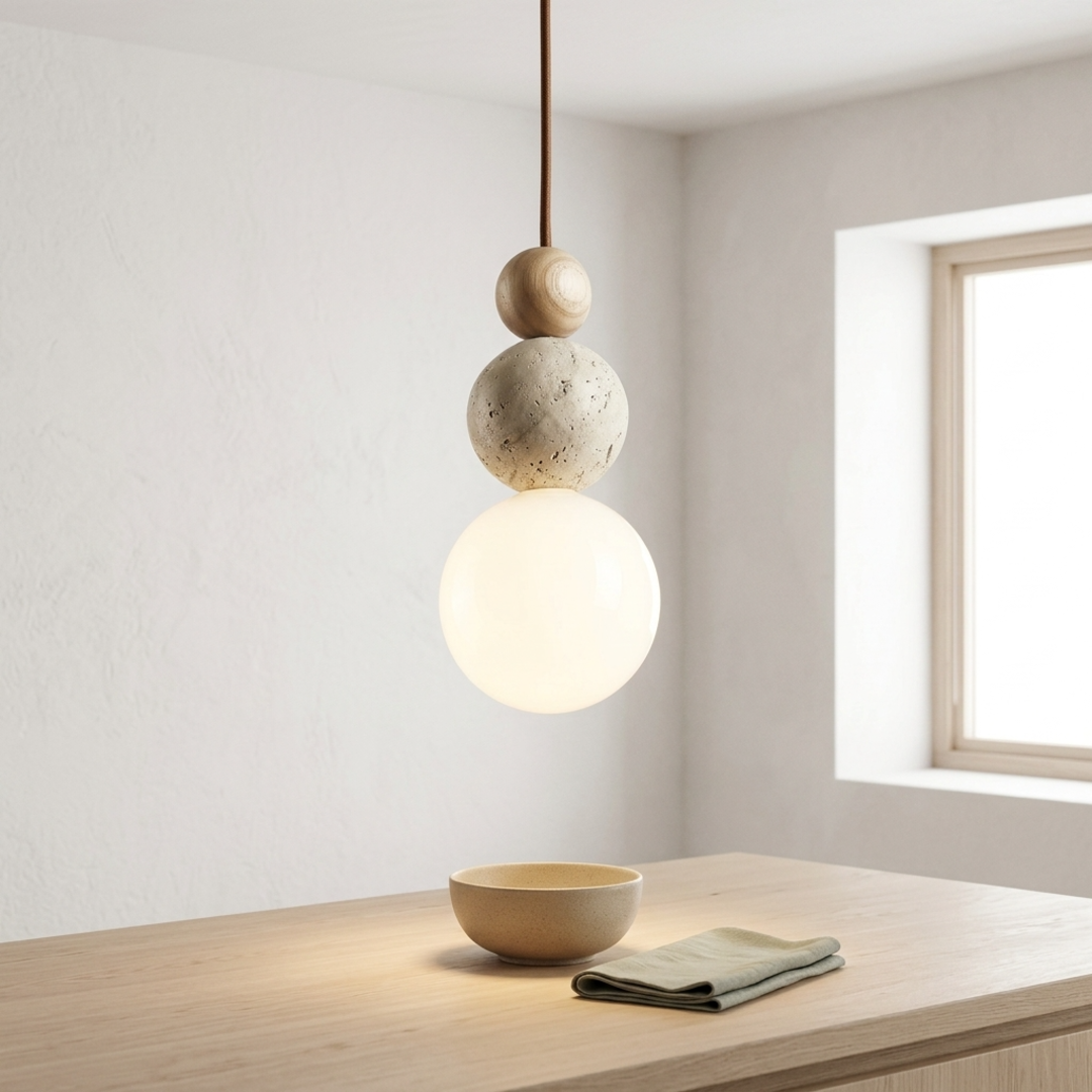 Keldvik — Stonewave Pendant Light, Textured Stone and Smooth Wood — Scandinavian Minimal Interior, square 1