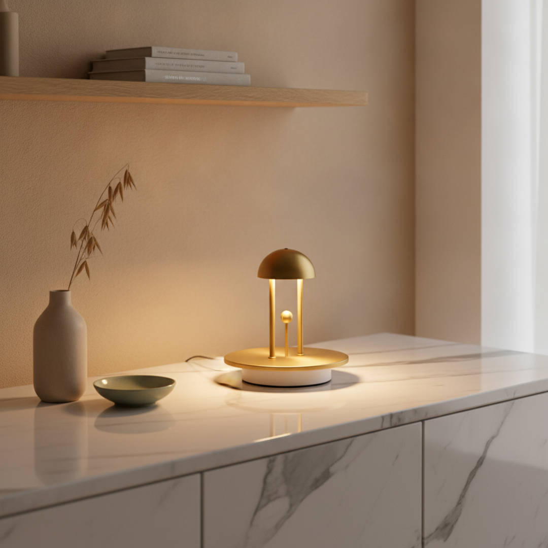 Keldvik — Harmonarc Table Lamp, Warm White Steel and ABS — Marble Surface, square 1