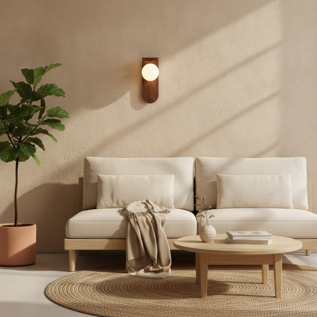 Keldvik — Mistveil Wall Lamp, Frosted Glass Globe on Wood Base — Nordic Japandi Living Room, square 1