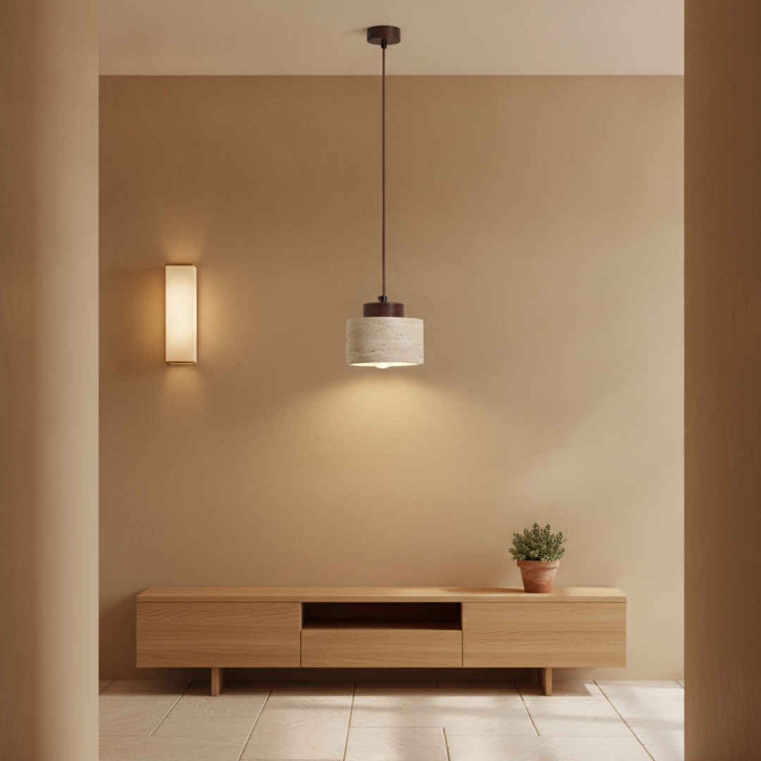 Keldvik — Kveld Pendant Lamp, Natural Travertine — Minimal Hallway with Wall Light, square 2