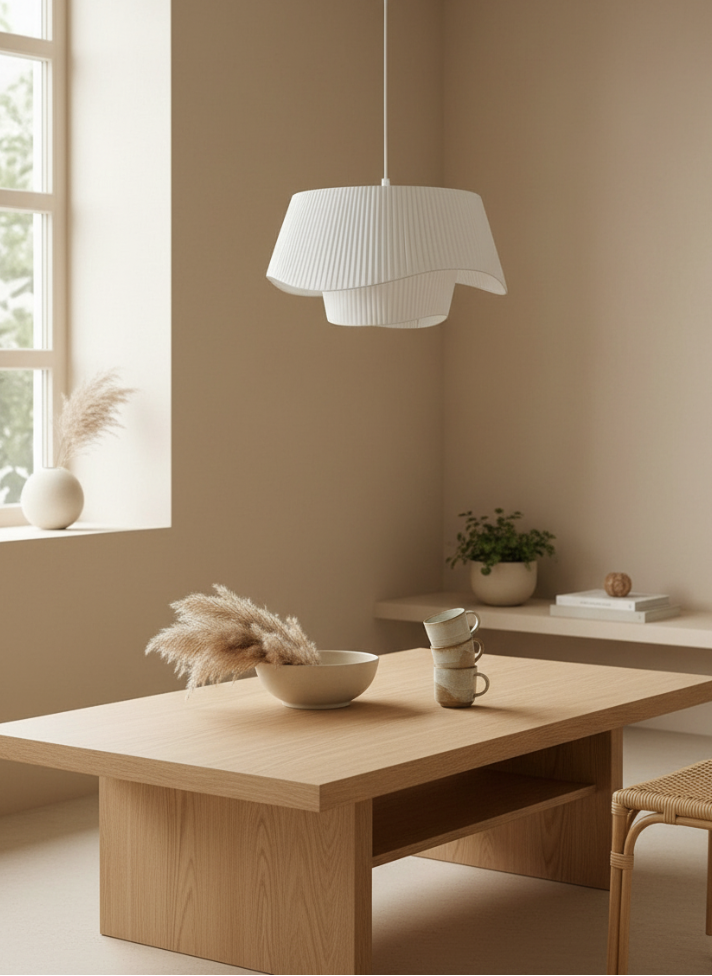 Flowlight Pendant Light, Tyvek Acrylic in Beige or White — Nordic Japandi Living Room, portrait 1