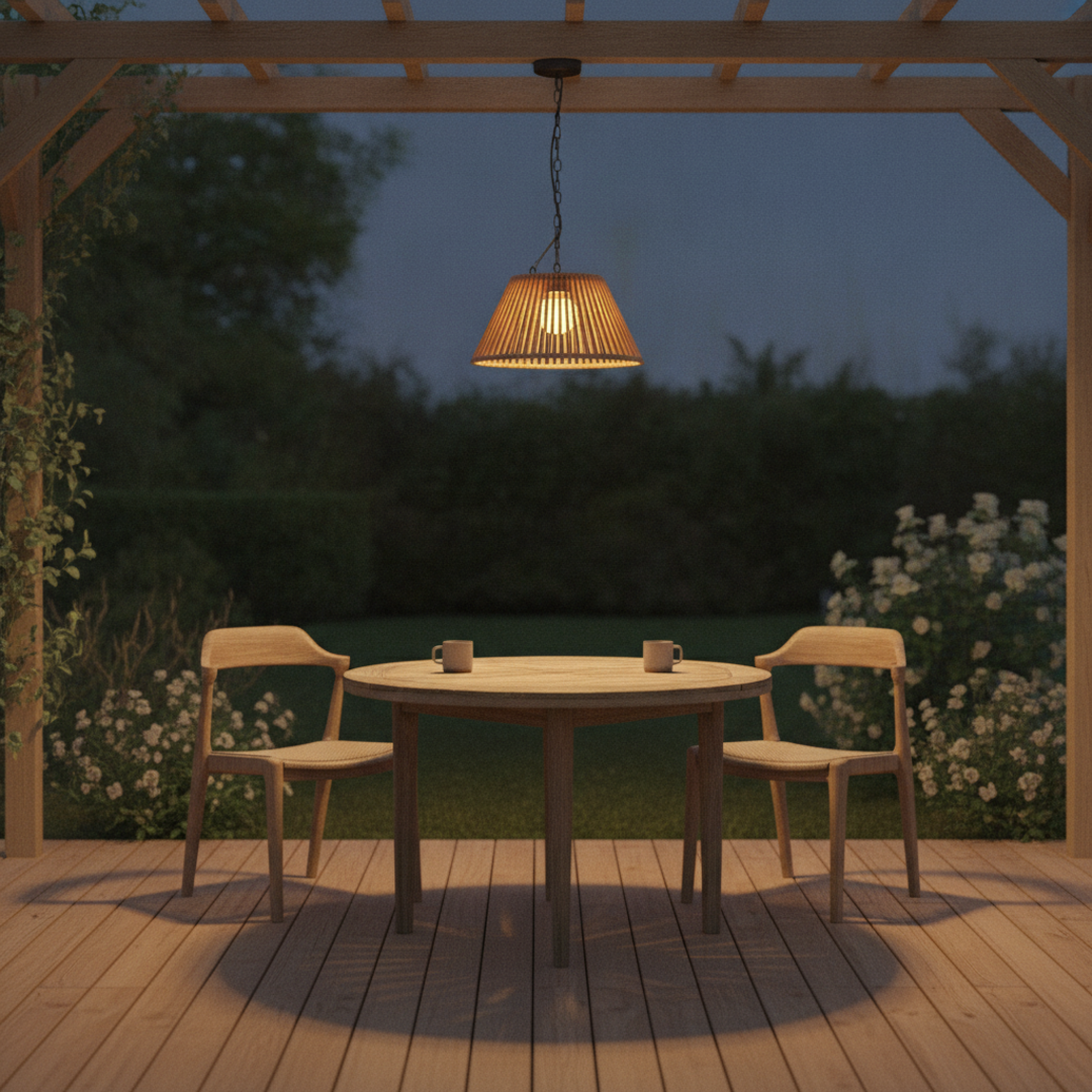 Keldvik — TwilightLantern Outdoor Lamp, Faux Rattan with Iron Frame — Outdoor Patio Evening Scene, square 1