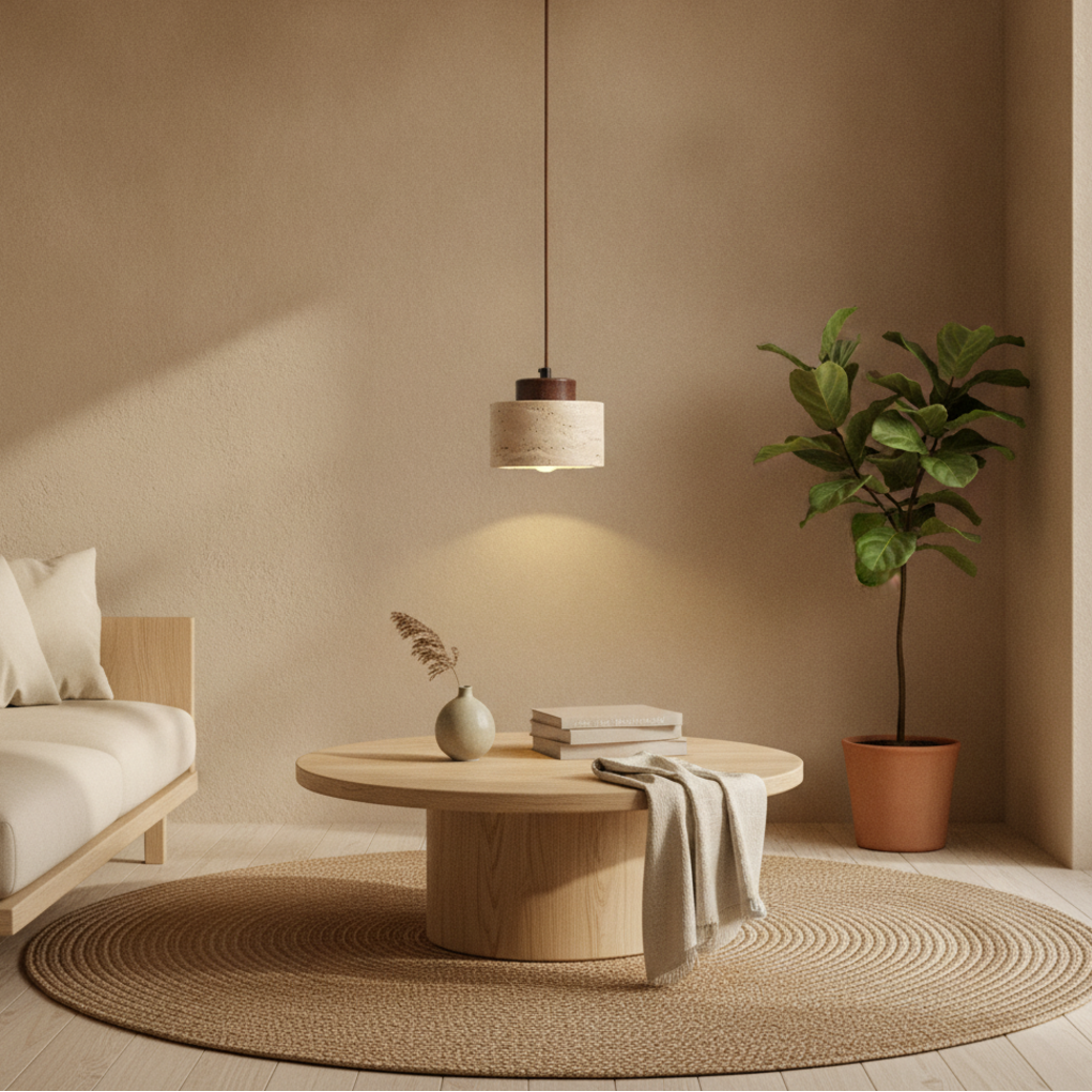 Keldvik — Kveld Pendant Lamp, Natural Travertine — Nordic Japandi Living Room, square 1