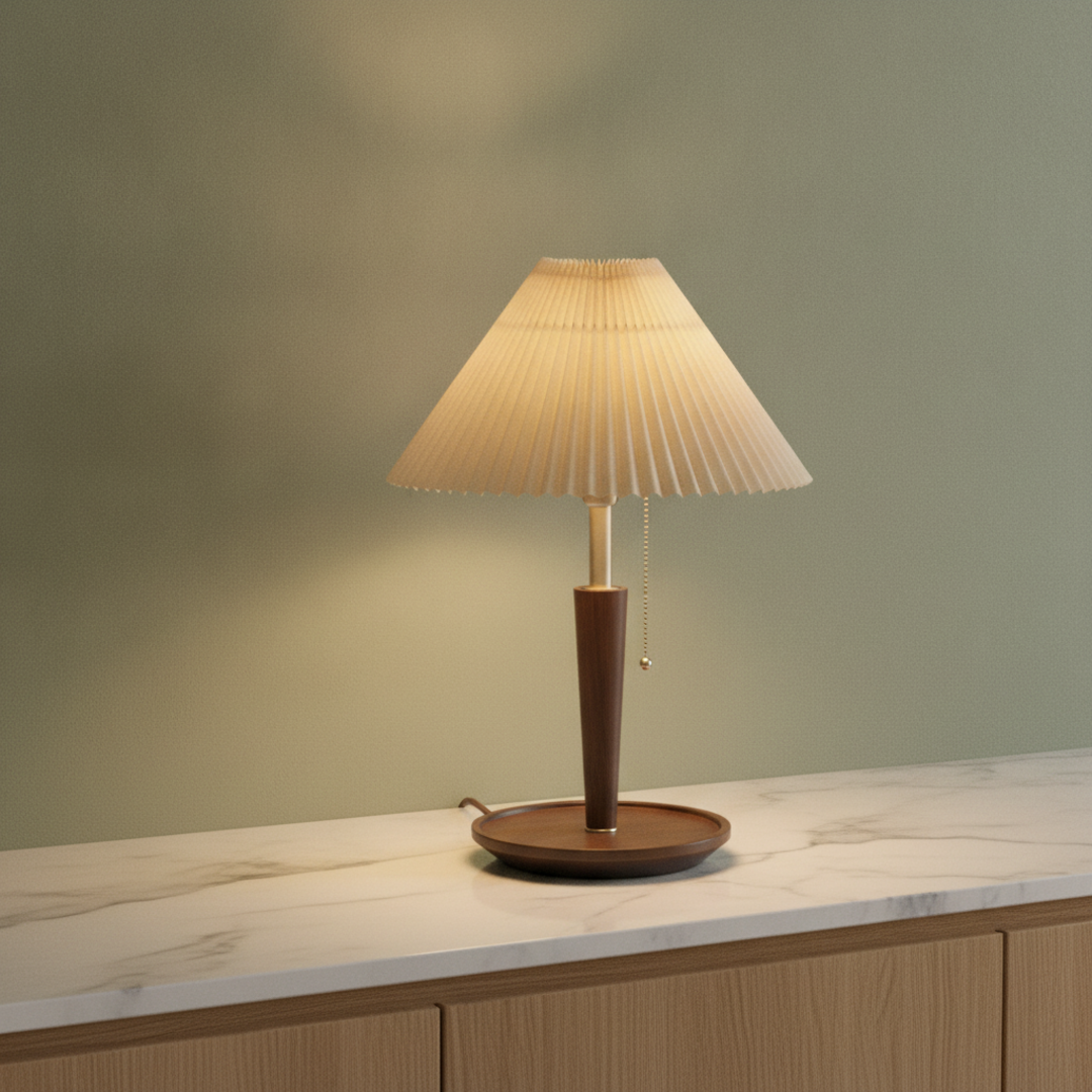 Keldvik — Hearthglow Table Lamp, Pleated Walnut Wood Shade — Marble Surface, square 1