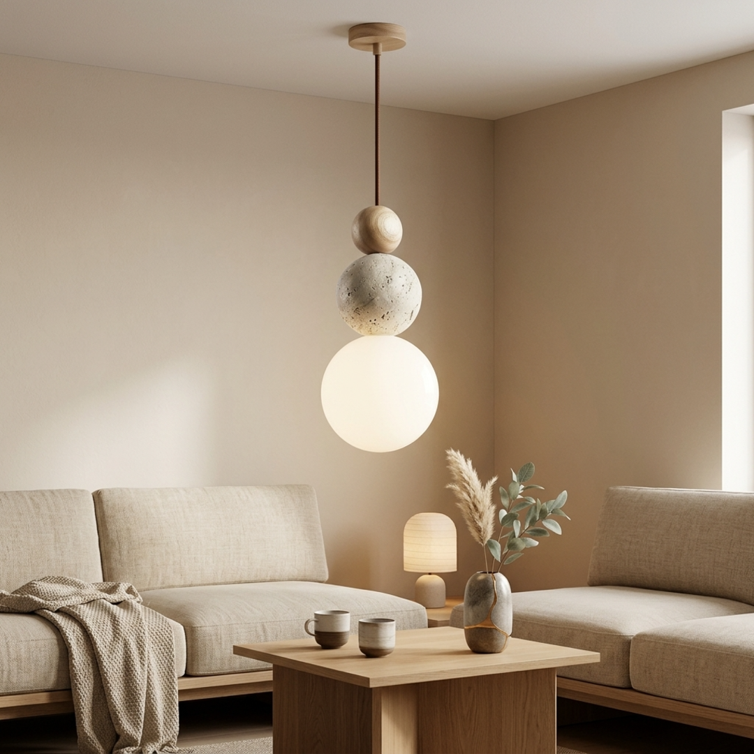 Keldvik — Stonewave Pendant Light, Textured Stone and Smooth Wood — Floor Lamp in Japandi Living Room, square 1