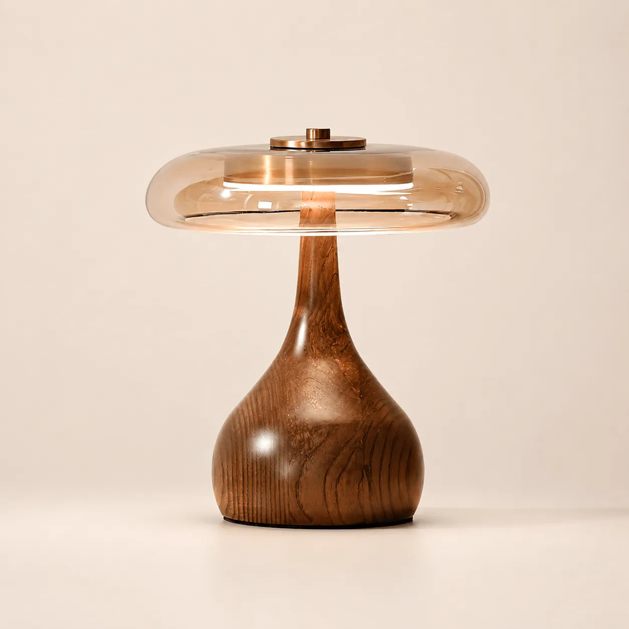 Duskglow Table Lamp, Curved Walnut Base with Amber Glass Shade
