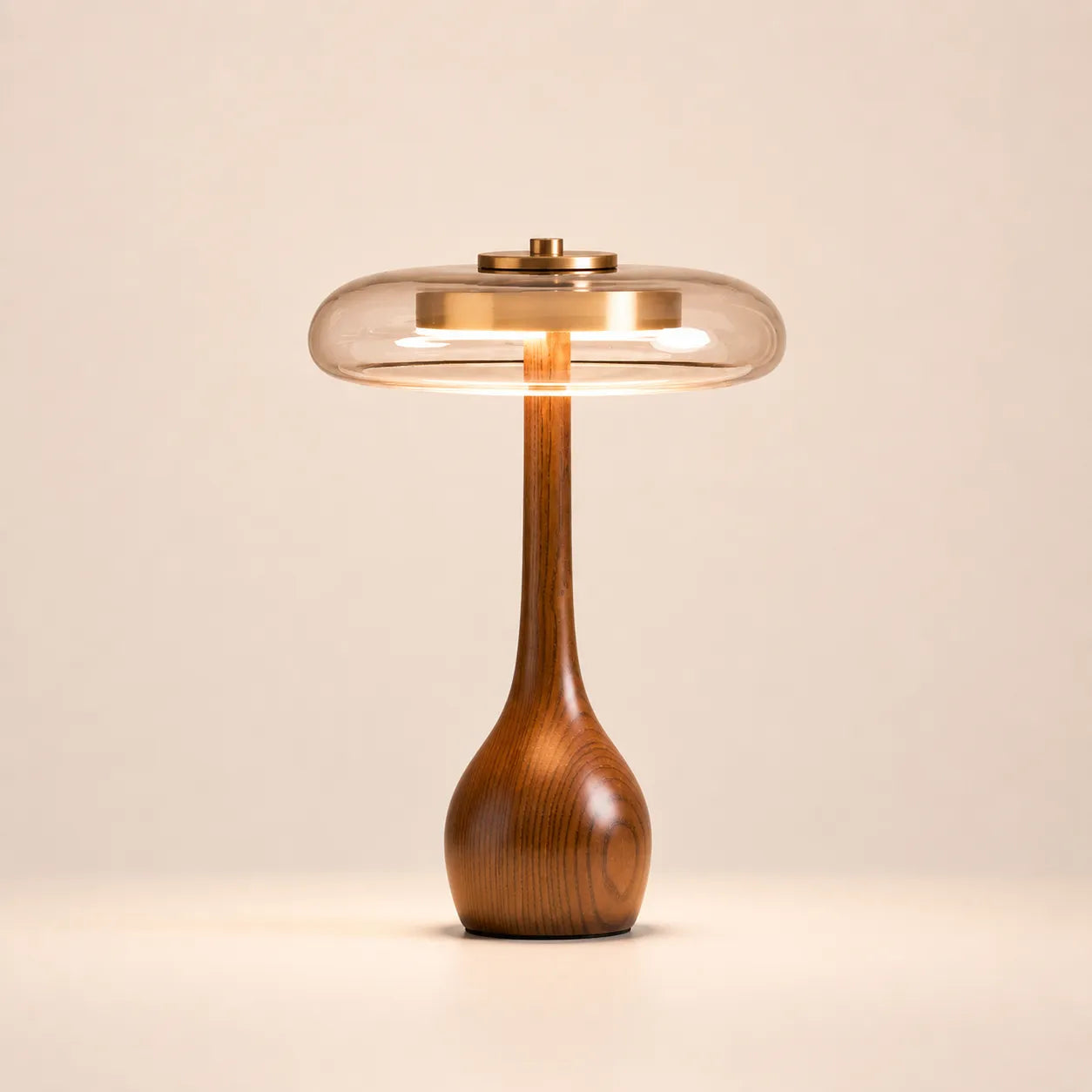 Duskglow Table Lamp, Curved Walnut Base with Amber Glass Shade