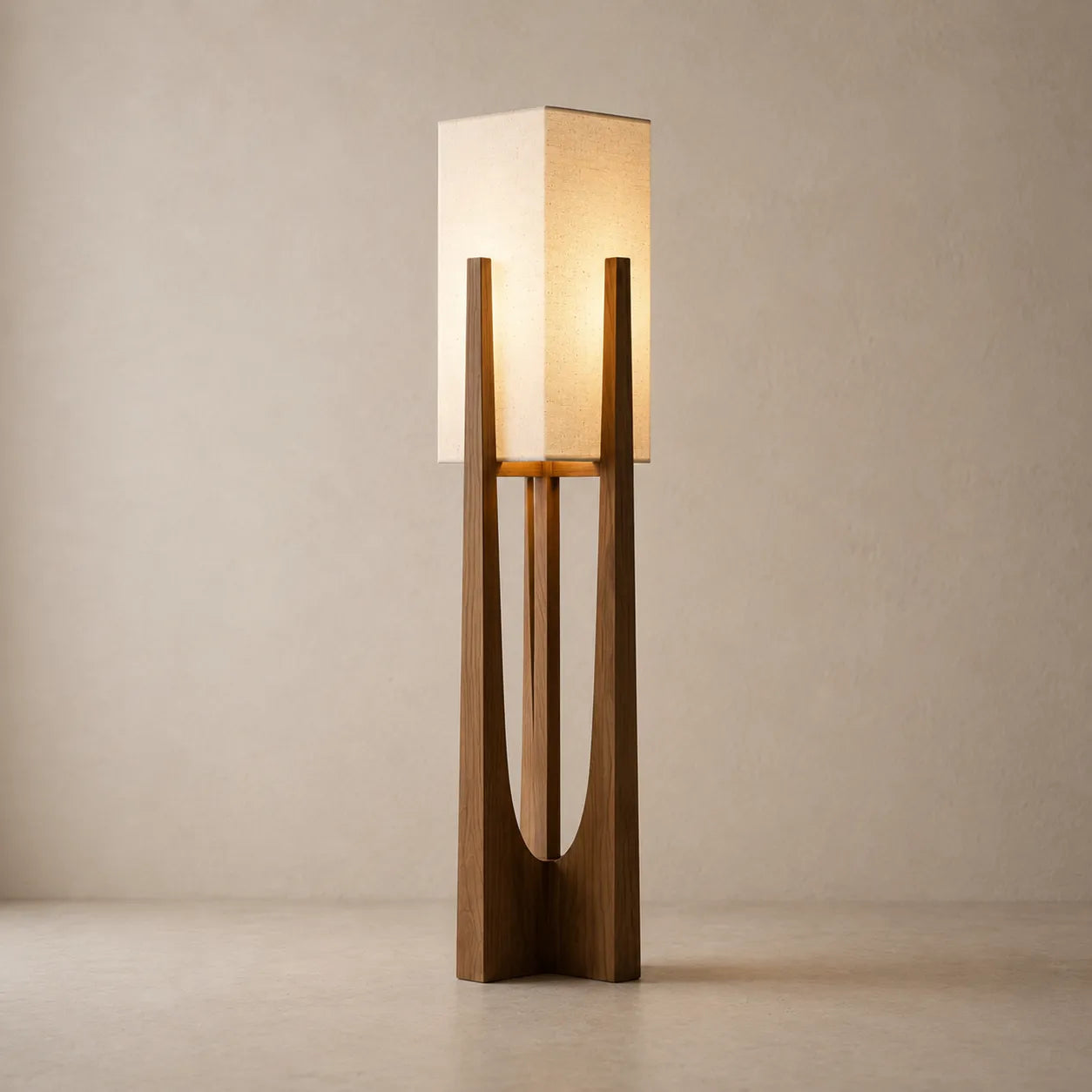 Harmoni Floor Lamp, Handcrafted Fabric Shade on Wooden Base