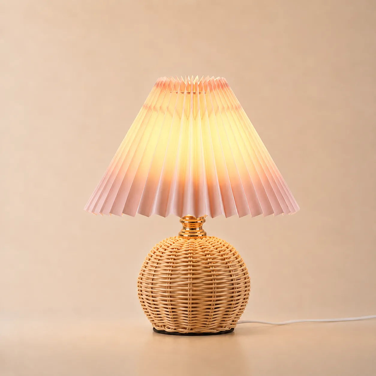 Hearthcone Table Lamp, Woven Rattan with Pleated Fabric Shade