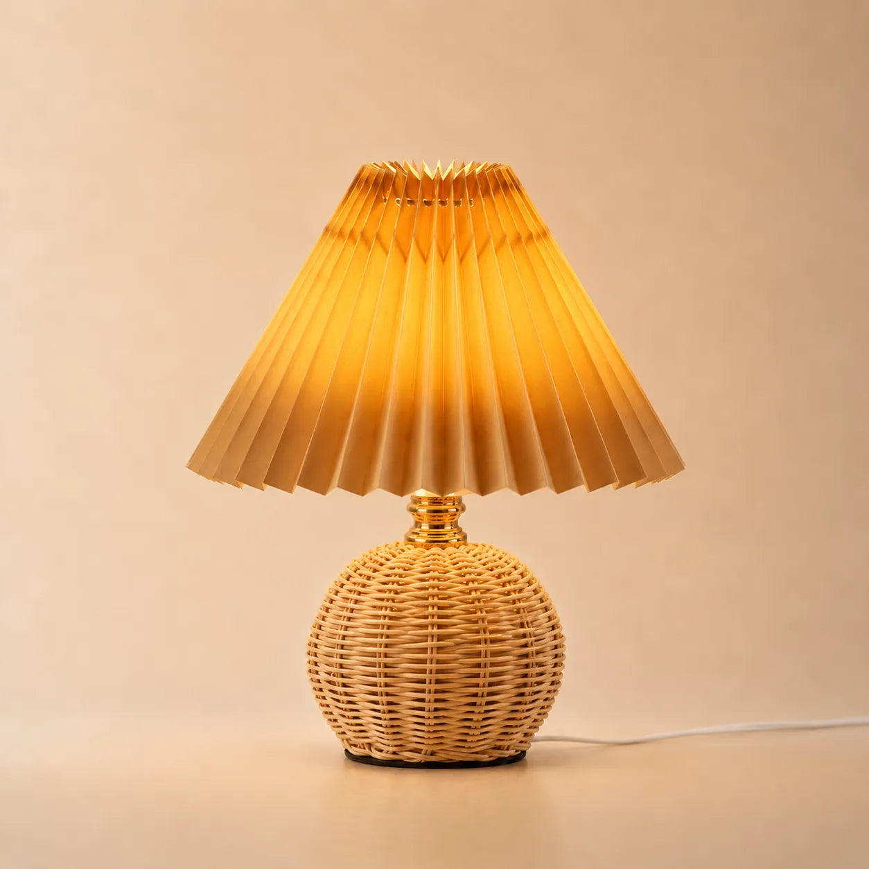 Hearthcone Table Lamp, Woven Rattan with Pleated Fabric Shade