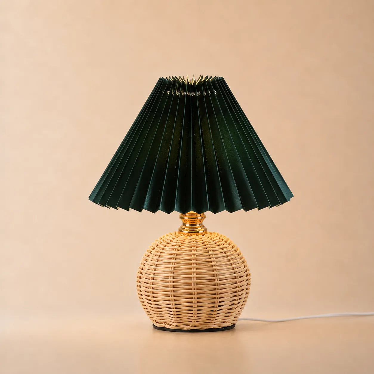 Hearthcone Table Lamp, Woven Rattan with Pleated Fabric Shade