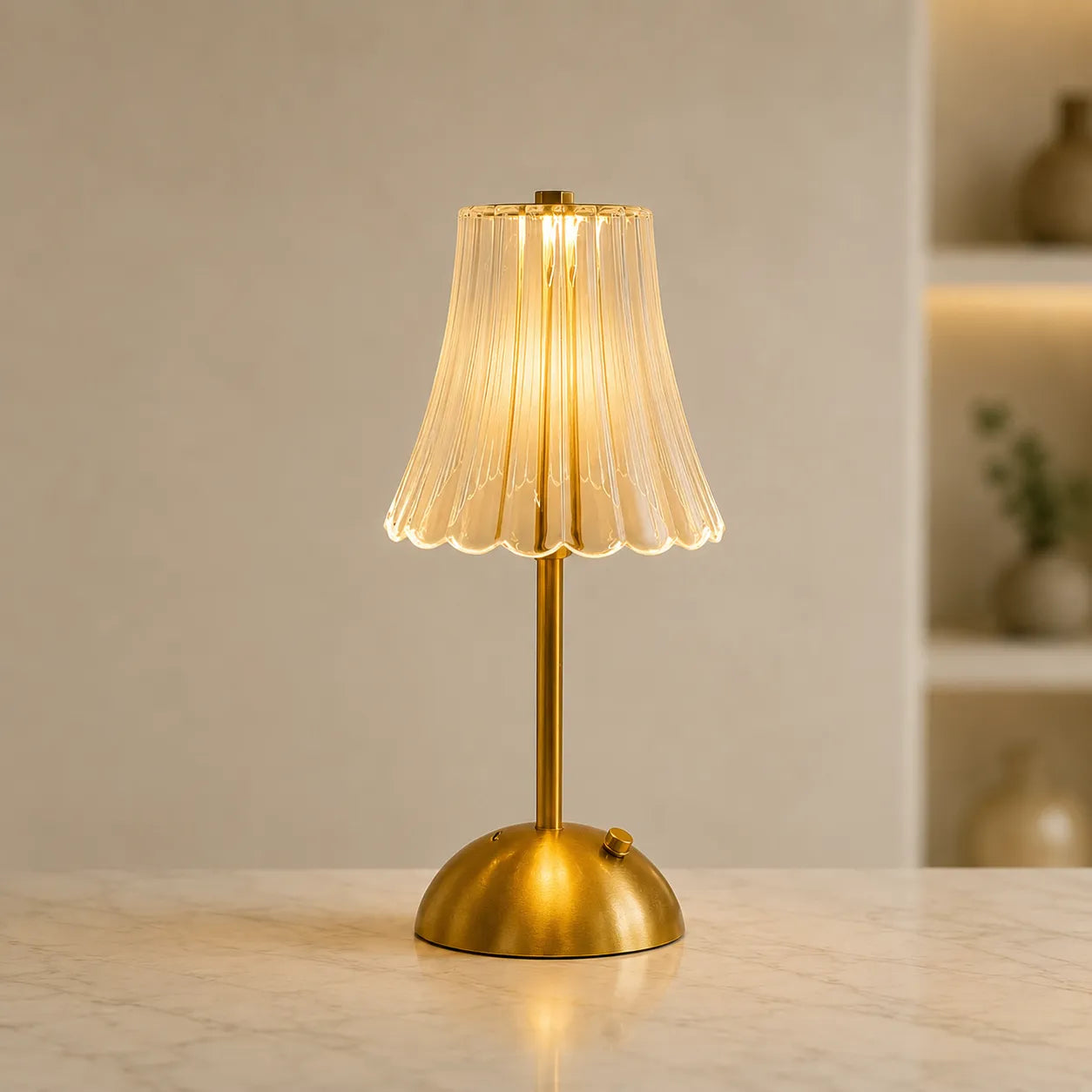 Lyra Table Lamp, Crystal-Cut Acrylic with Gold Iron Frame