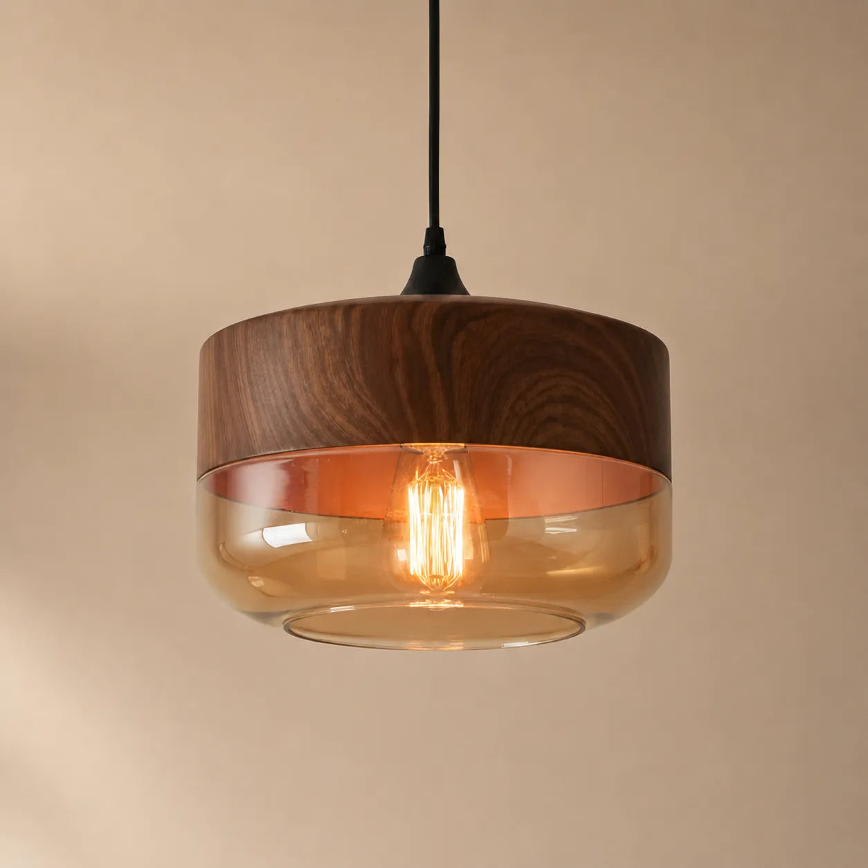 FjordLume Ceiling Light, Wooden Fixture with Tinted Glass
