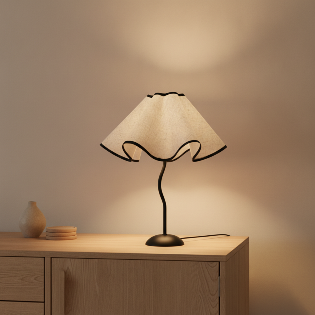 Keldvik — Petalglow Table Lamp, Handcrafted Iron with Linen Shade — Natural Wood Sideboard, square 1