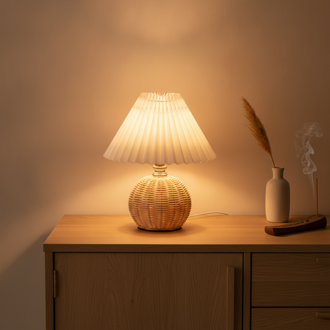 Keldvik — Hearthcone Table Lamp, Woven Rattan with Pleated Fabric Shade — Table Lamp on Wooden Sideboard, square 1