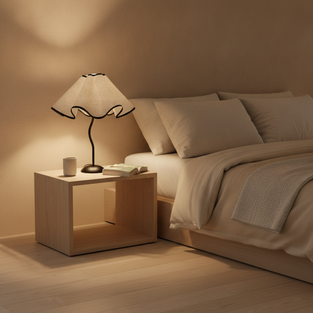Keldvik — Petalglow Table Lamp, Handcrafted Iron with Linen Shade — Soft Neutral Bedroom, square 1