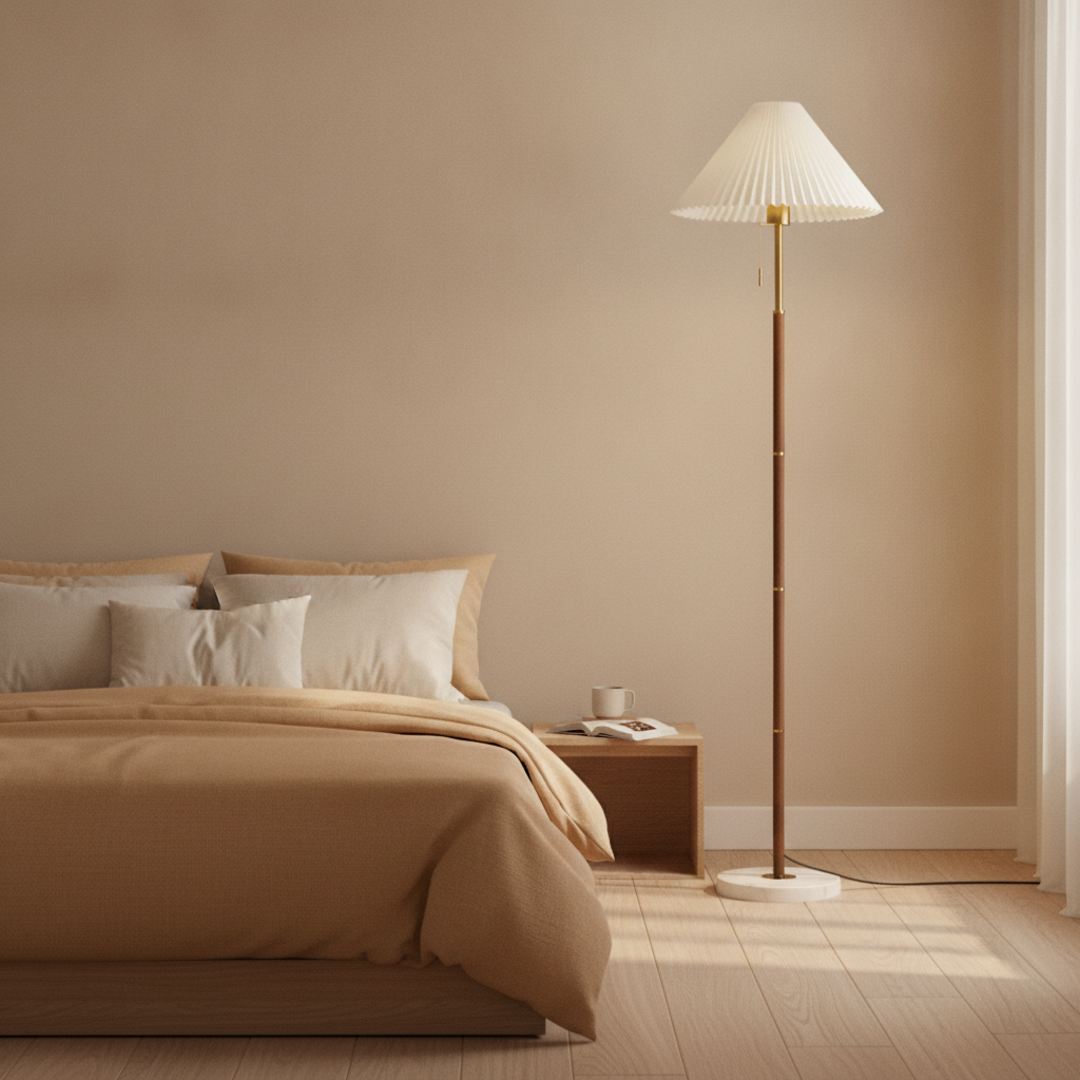 Keldvik — Mistwave Floor Lamp, Elegant Iron and Marble Design — Soft Neutral Bedroom, square 1