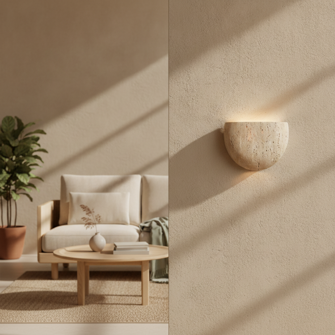 Keldvik — Stonearch Wall Lamp, Handcrafted Natural Travertine — Nordic Japandi Living Room, square 1