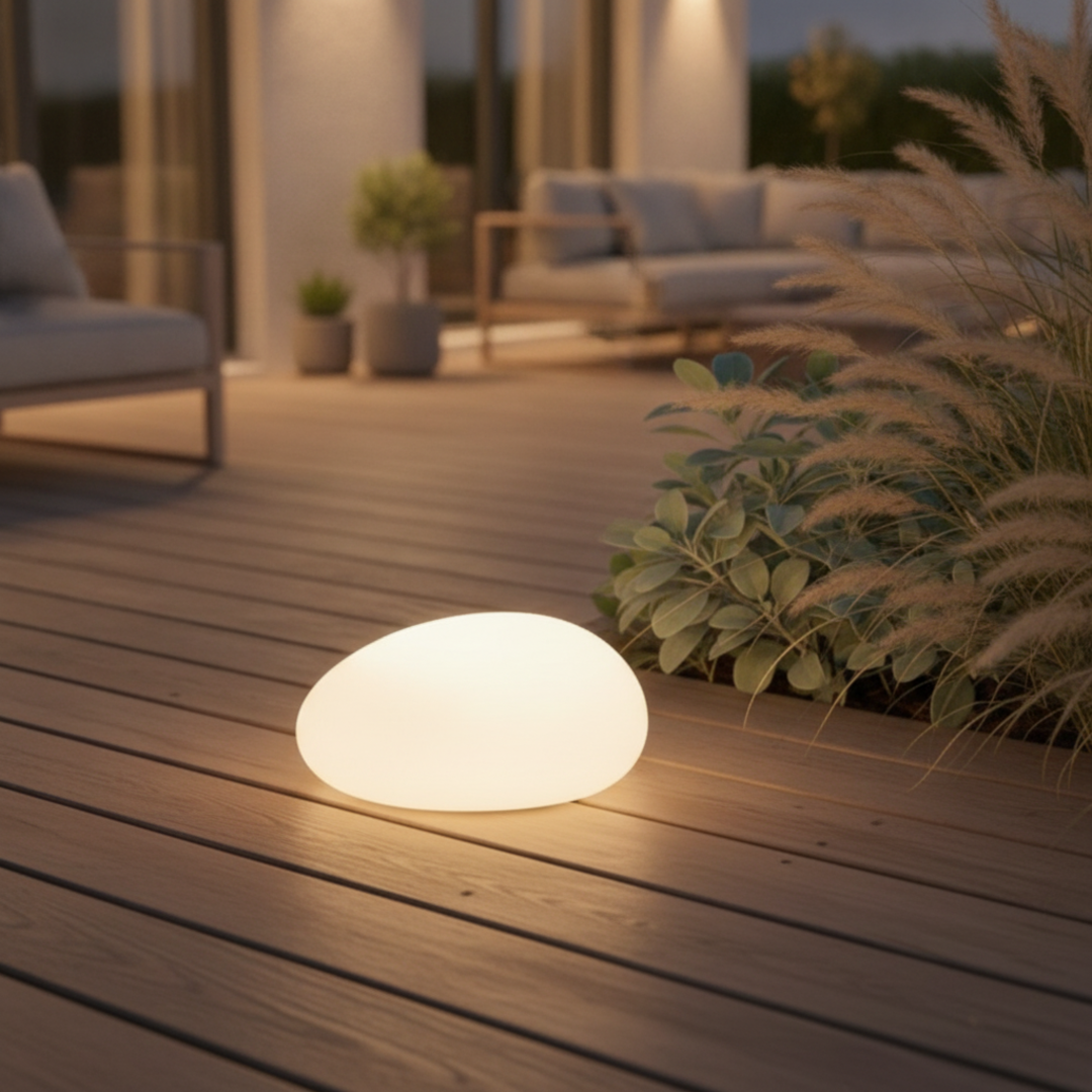 Keldvik — PebbleGlow Outdoor Light, Sandblasted Glass and ABS — Outdoor Patio Evening Scene, square 1