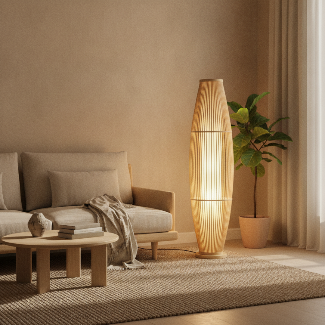 Keldvik — BambooMist Floor Lamp, Handwoven Bamboo and Metal — Nordic Japandi Living Room, square 2
