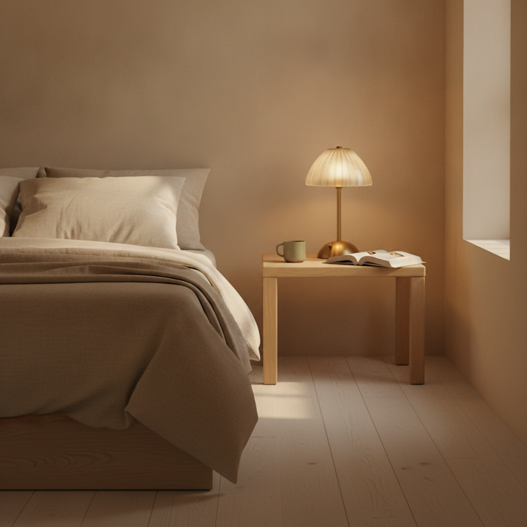 Keldvik — Lyra Table Lamp, Crystal-Cut Acrylic with Gold Iron Frame — Soft Neutral Bedroom, square 1