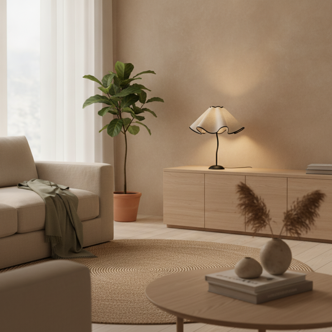 Keldvik — Petalglow Table Lamp, Handcrafted Iron with Linen Shade — Nordic Japandi Living Room, square 1