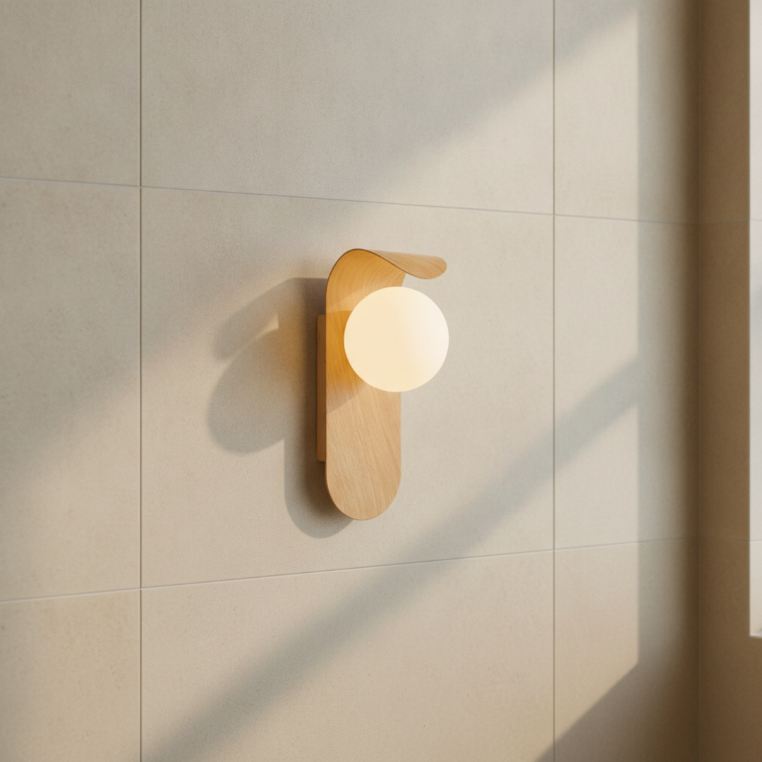 Keldvik — Mistveil Wall Lamp, Frosted Glass Globe on Wood Base — Bathroom Interior, square 1