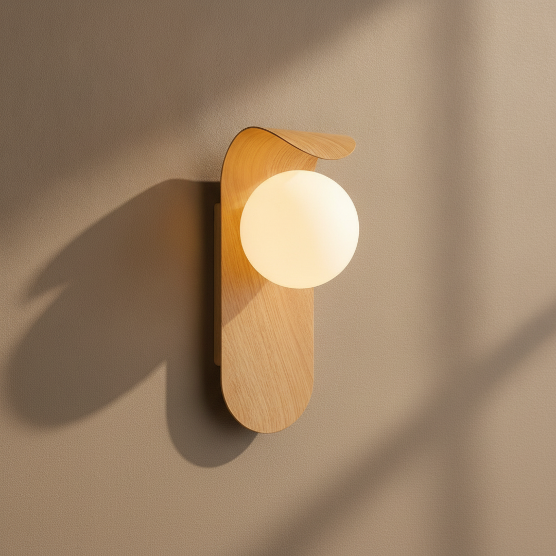 Keldvik — Mistveil Wall Lamp, Frosted Glass Globe on Wood Base — Premium Catalog Look, square 2
